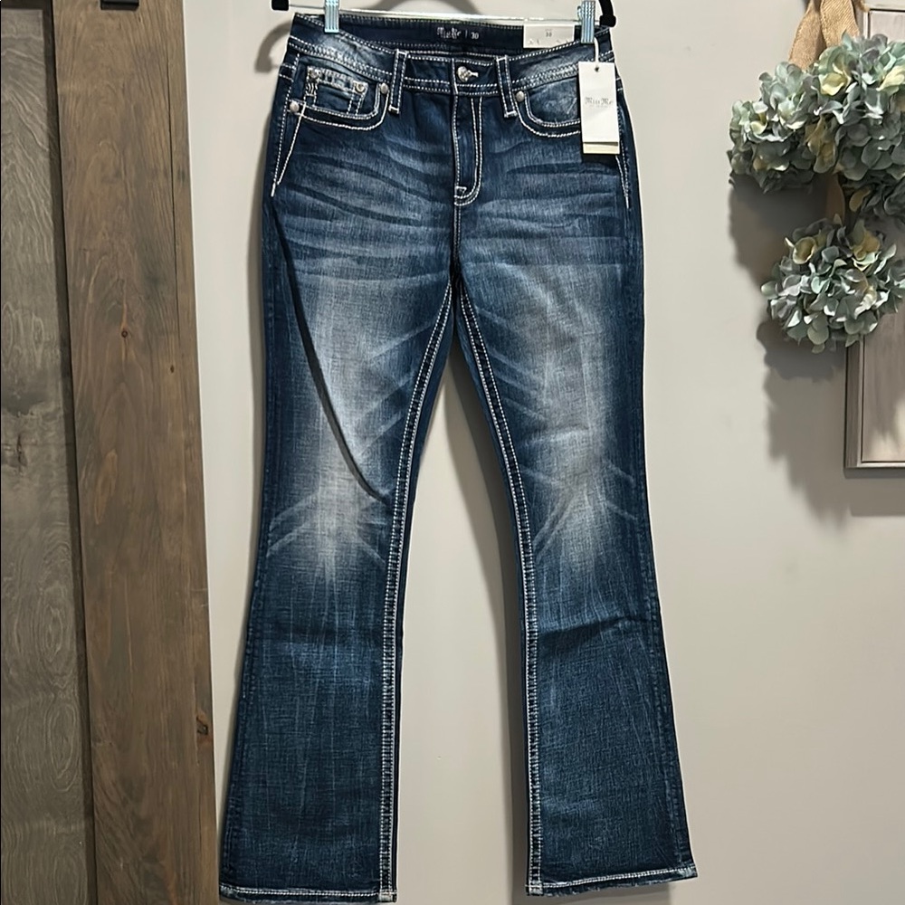 Miss Me Blue Flare Wide Leg Jeans with Distressed Details